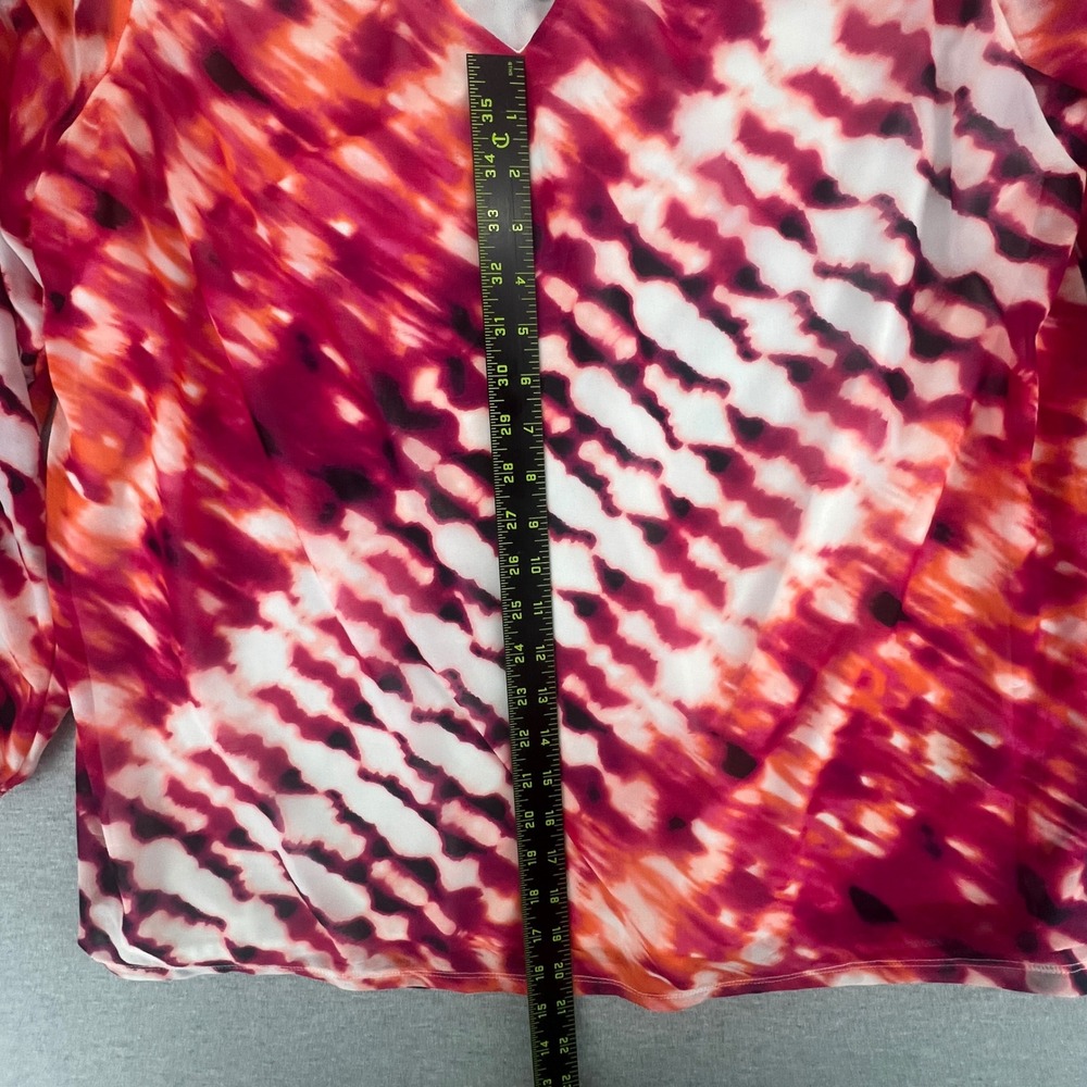 Worthington Blouse Women 1X Red Pink Tie Dye V-Neck 3/4 Sleeve Chiffon Lined - Picture 3 of 5